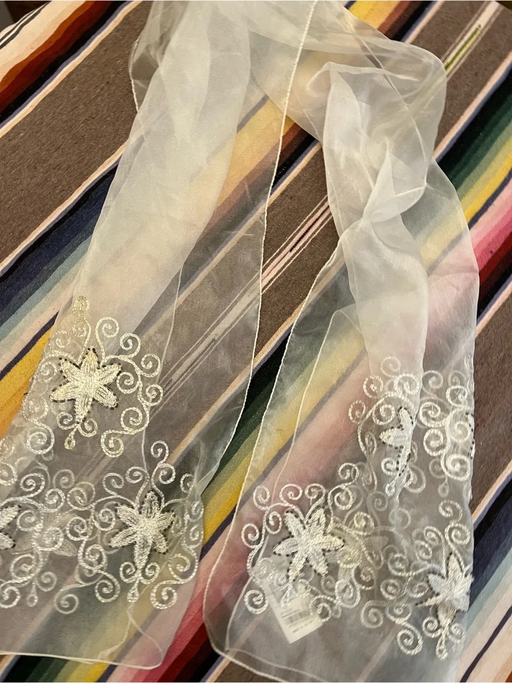 Beaded Sheer White Embroidered Floral Scarf - Women Accessories